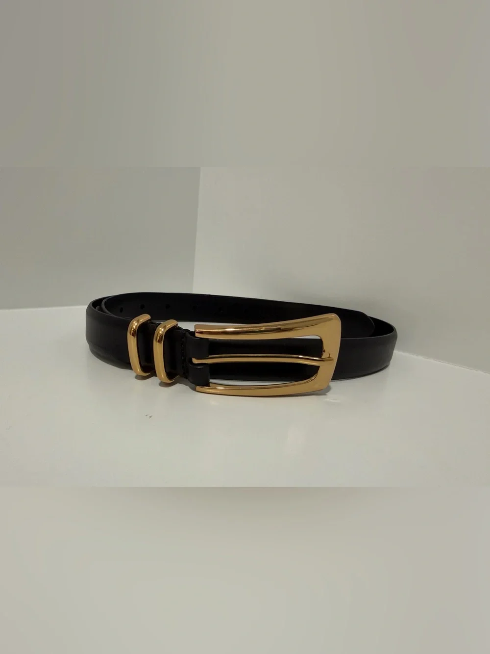 NEW Madewell Elongated-Buckle Belt Small black leather shiny gold buckle NY208